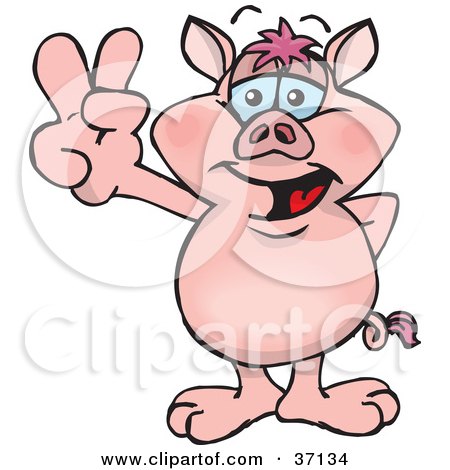 Clipart Illustration of a Peaceful Pig Smiling And Gesturing The Peace Sign by Dennis Holmes Designs
