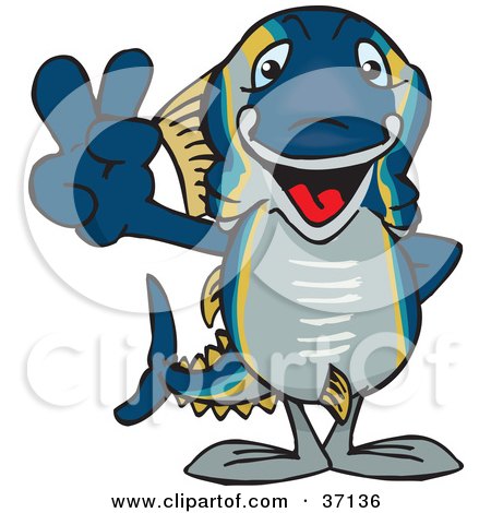 Clipart Illustration of a Peaceful Tuna Smiling And Gesturing The Peace Sign by Dennis Holmes Designs