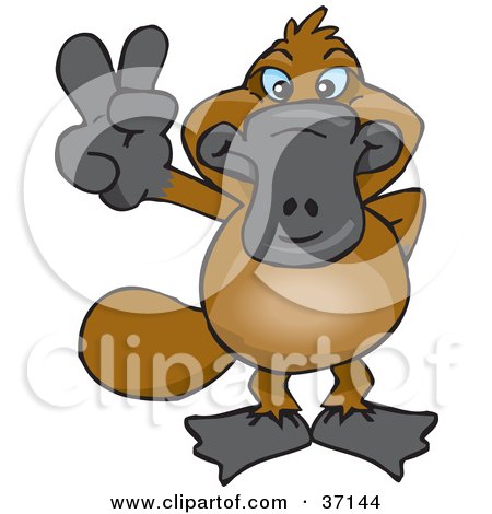 Clipart Illustration of a Peaceful Platypus Smiling And Gesturing The Peace Sign by Dennis Holmes Designs