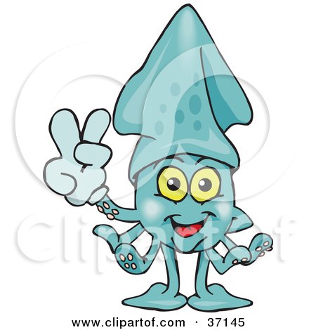 Clipart Illustration of a Peaceful Squid Smiling And Gesturing The Peace Sign by Dennis Holmes Designs