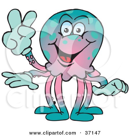 Clipart Illustration of a Peaceful Octopus Smiling And Gesturing The Peace Sign by Dennis Holmes Designs