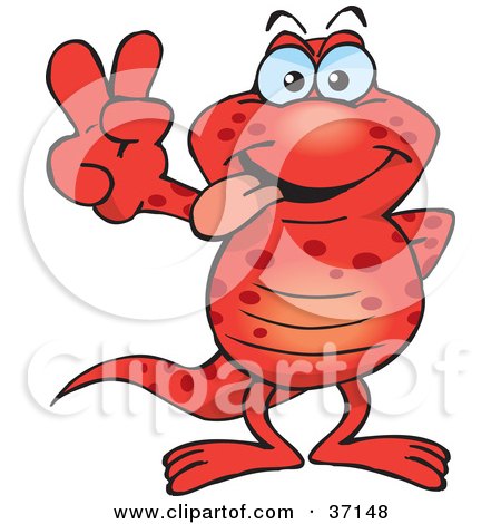 Clipart Illustration of a Peaceful Red Salamander Smiling And Gesturing The Peace Sign by Dennis Holmes Designs