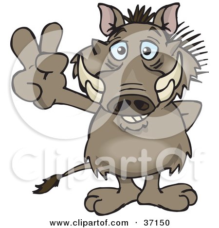 Clipart Illustration of a Peaceful Warthog Smiling And Gesturing The Peace Sign by Dennis Holmes Designs
