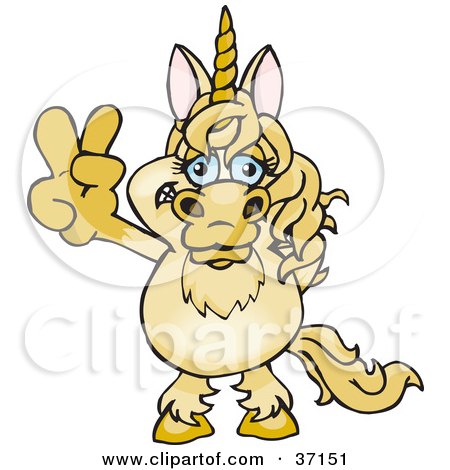 Clipart Illustration of a Peaceful Unicorn Smiling And Gesturing The Peace Sign by Dennis Holmes Designs