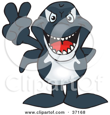 Clipart Illustration of a Peaceful Orca Whale Smiling And Gesturing The Peace Sign by Dennis Holmes Designs