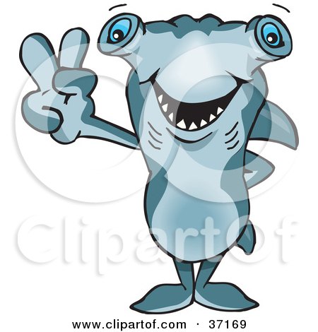 Clipart Illustration of a Peaceful Hammerhead Shark Smiling And Gesturing The Peace Sign by Dennis Holmes Designs