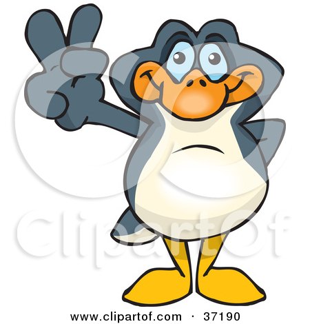 Clipart Illustration of a Peaceful Penguin Smiling And Gesturing The Peace Sign by Dennis Holmes Designs