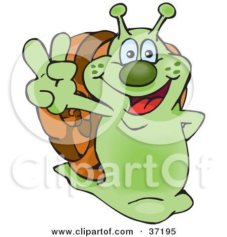 Clipart Illustration of a Peaceful Green Snail Smiling And Gesturing The Peace Sign by Dennis Holmes Designs