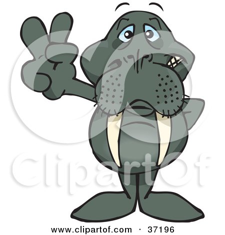 Clipart Illustration of a Peaceful Walrus Smiling And Gesturing The Peace Sign by Dennis Holmes Designs