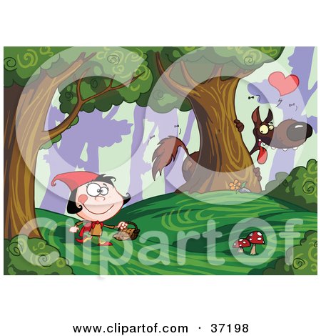 Clipart Illustration of a Bad Wolf Watching Little Red Riding Hood From Behind A Tree In A Forest by Hit Toon