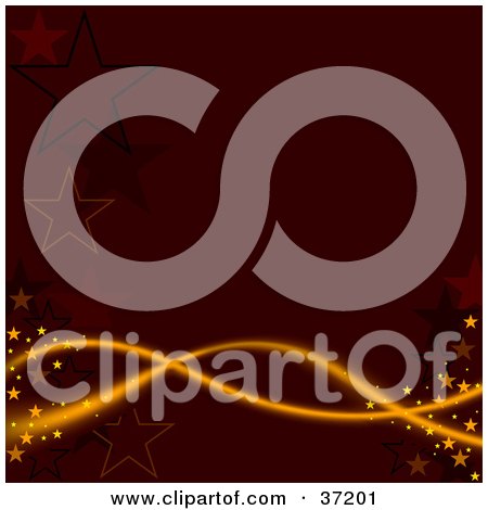 Clipart Illustration of Waves Of Orange Electrical Lights Over A Deep Red Background With Stars by dero