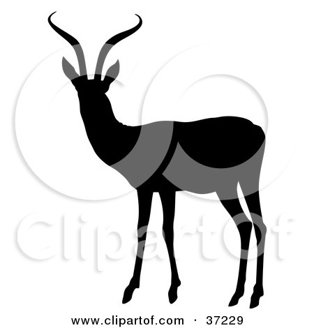 Clipart Illustration of a Black Silhouetted Alert Antelope With Curvy Antlers by dero