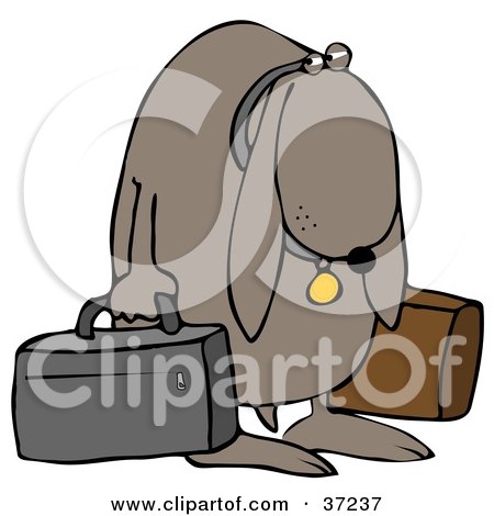 Clipart Illustration of a Sad Dog Sulking And Carrying Two Bags After Being Kicked Out Of His Home by djart