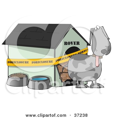 Clipart Illustration of a Confused Gray Dog Standing Outside His Foreclosed House by djart