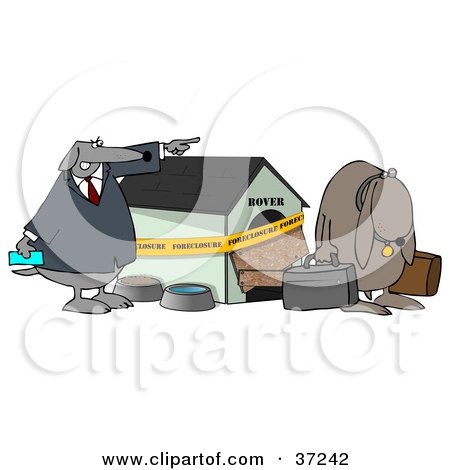 Clipart Illustration of a Pushy Dog Kicking Another Out Of His Foreclosed House by djart