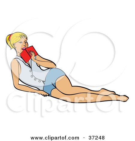 Clipart Illustration of a Pretty Blond Woman Laying On Her Side And Looking Over A Book by Andy Nortnik