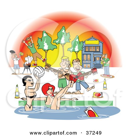 Clipart Illustration of a Frat House Pool Party With Women And Liquor by Andy Nortnik