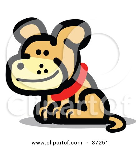 Clipart Illustration of a Smiling Brown Dog Wearing A Red Collar by Andy Nortnik