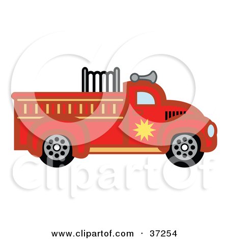 Clipart Illustration of a Red Fire Truck In Profile by Andy Nortnik