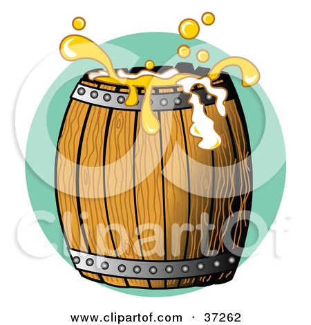 Clipart Illustration of Golden Beer Splashing Over The Top Of A Wooden Barrel by Andy Nortnik