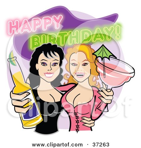 Clipart Illustration of Two Pretty Ladies With Alcoholic Beverages Under A Happy Birthday Sign by Andy Nortnik