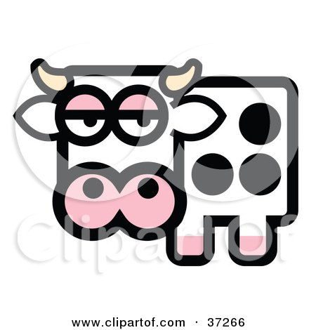 Clipart Illustration of a Black And White Spotted Dairy Cow With Horns, Gazing At The Viewer by Andy Nortnik
