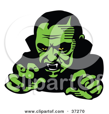 Clipart Illustration of a Vampire Baring His Fangs And Moving Forward, In Green Lighting by Andy Nortnik
