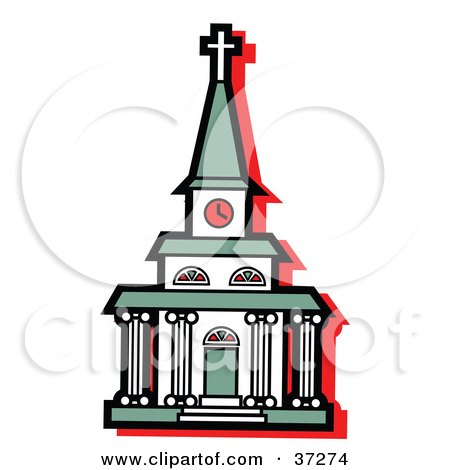 Clipart Illustration of a White Church With A Clock Tower And Green Roof by Andy Nortnik