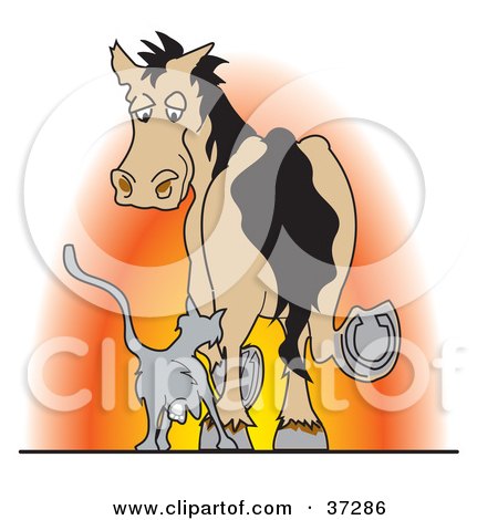 Clipart Illustration of a Cat Rubbing Against A Horse's Leg At Sunset by Andy Nortnik