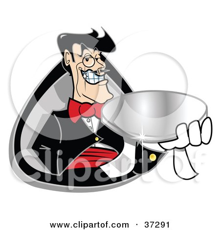 Clipart Illustration of a Friendly Male Butler Smiling While Holding Out A Platter by Andy Nortnik