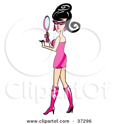 Clipart Illustration of a Pretty Go Go Girl In Pink, Looking At Herself In A Mirror by Andy Nortnik