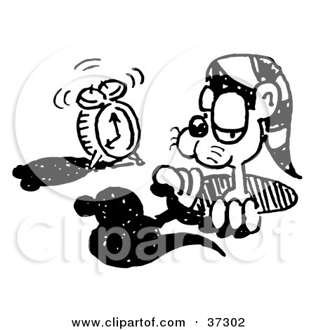 Clipart Illustration of a Black And White Groundhog Emerging From His Hole To Turn Off His Alarm Clock by Andy Nortnik