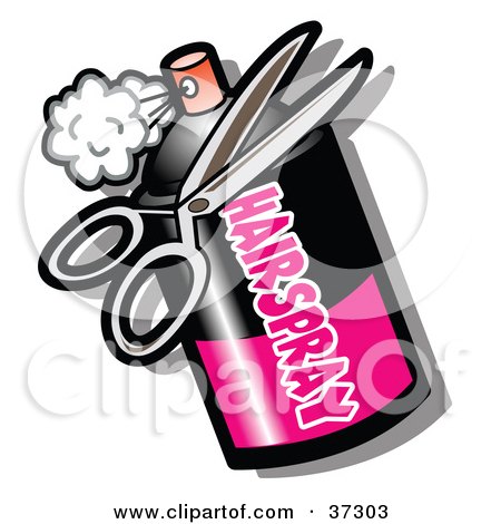 Clipart Illustration of a Pair Of Scissors By A Bottle Of Hair Spray by Andy Nortnik