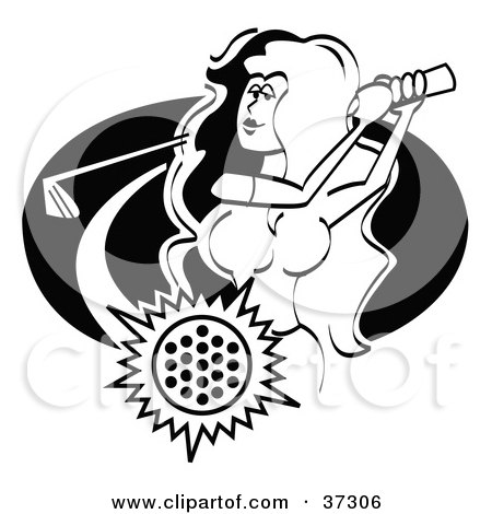 Clipart Illustration of a Busty Woman Golfing, The Ball Flying Forward by Andy Nortnik