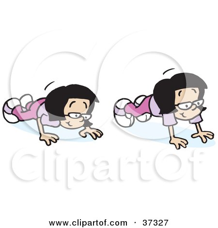 Clipart Illustration of a Girl Dressed In Purple, Lowering And Raising Her Body While Doing Push Ups by Johnny Sajem