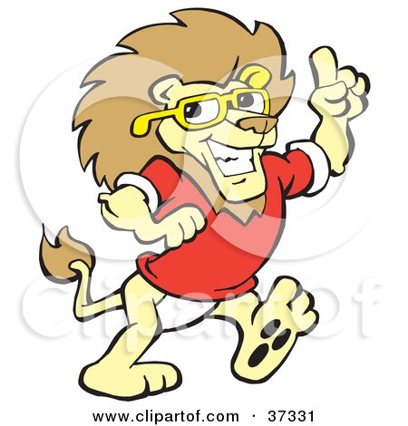 Clipart Illustration of a Wise Male Lion In A Shirt And Glasses, Holding Up His Finger by Johnny Sajem