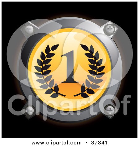 Clipart Illustration of a Chrome And Yellow First Place Icon Button With Laurels by Frog974
