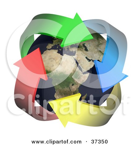 Clipart Illustration of Four Colorful Arrows Around Earth by Frog974