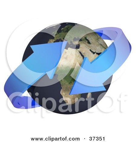 Clipart Illustration of Two Blue Arrows Around The Earth by Frog974