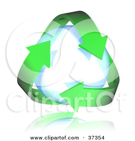 Clipart Illustration of Three Green Arrows Circling A Transparent Orb, On A Reflective Surface by Frog974
