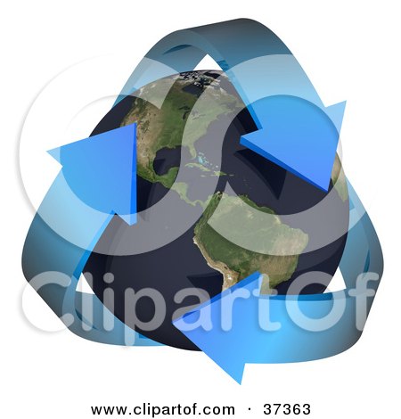 Clipart Illustration of Three Blue Arrows Embracing Earth, With The Americas Featured by Frog974