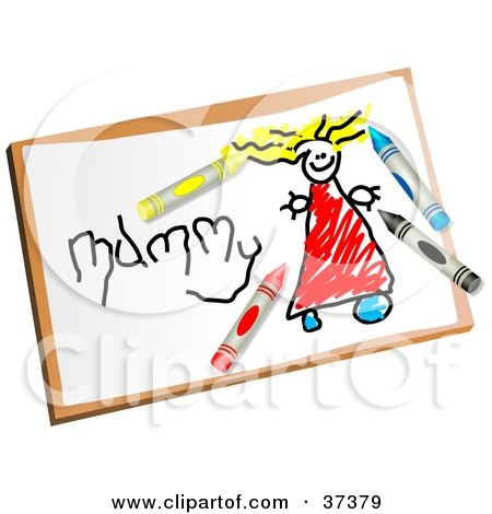 Clipart Illustration of Crayons On A Childs Drawing Of A Mother by Prawny