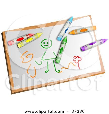 Clipart Illustration of Colorful Crayons On A Childs Drawing Of A Stick Person by Prawny