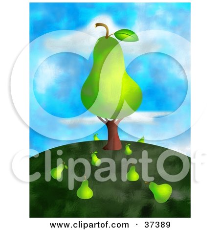 Clipart Illustration of a Giant Pear On A Tree With Fallen Fruit On The Ground, On Top Of A Hill Against A Sky by Prawny