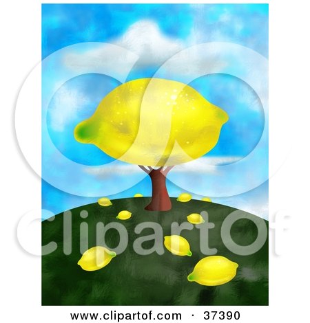Clipart Illustration of a Giant Lemon On A Tree With Fallen Fruit On The Ground, On Top Of A Hill Against A Sky by Prawny