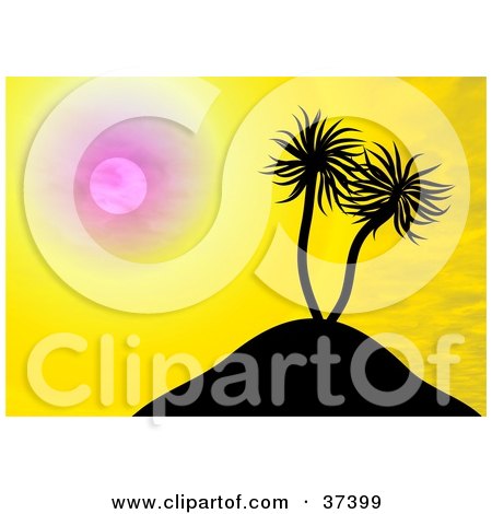 Clipart Illustration of Palm Trees On A Hill, Silhouetted Against A Yellow Sunset by Prawny
