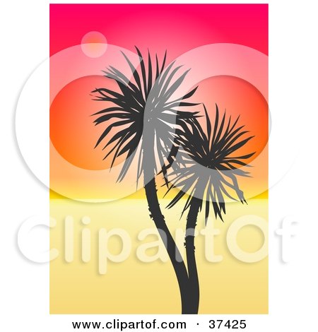 Clipart Illustration of a Palm Tree Silhouetted Against A Gradient Orange And Red Sunset by Prawny
