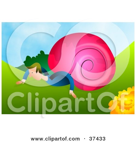 Clipart Illustration of a Slow Snail Man With A Pink Shell, Using His Arms To Move Along by Prawny