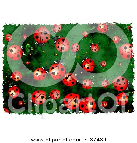 Clipart Illustration of a Background Of Red Ladybugs On Green by Prawny