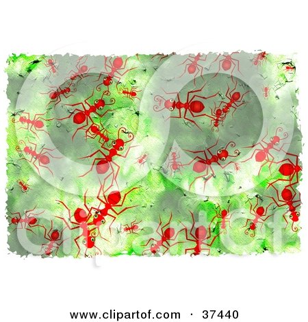 Clipart Illustration of a Background Of Red Ants On Green by Prawny